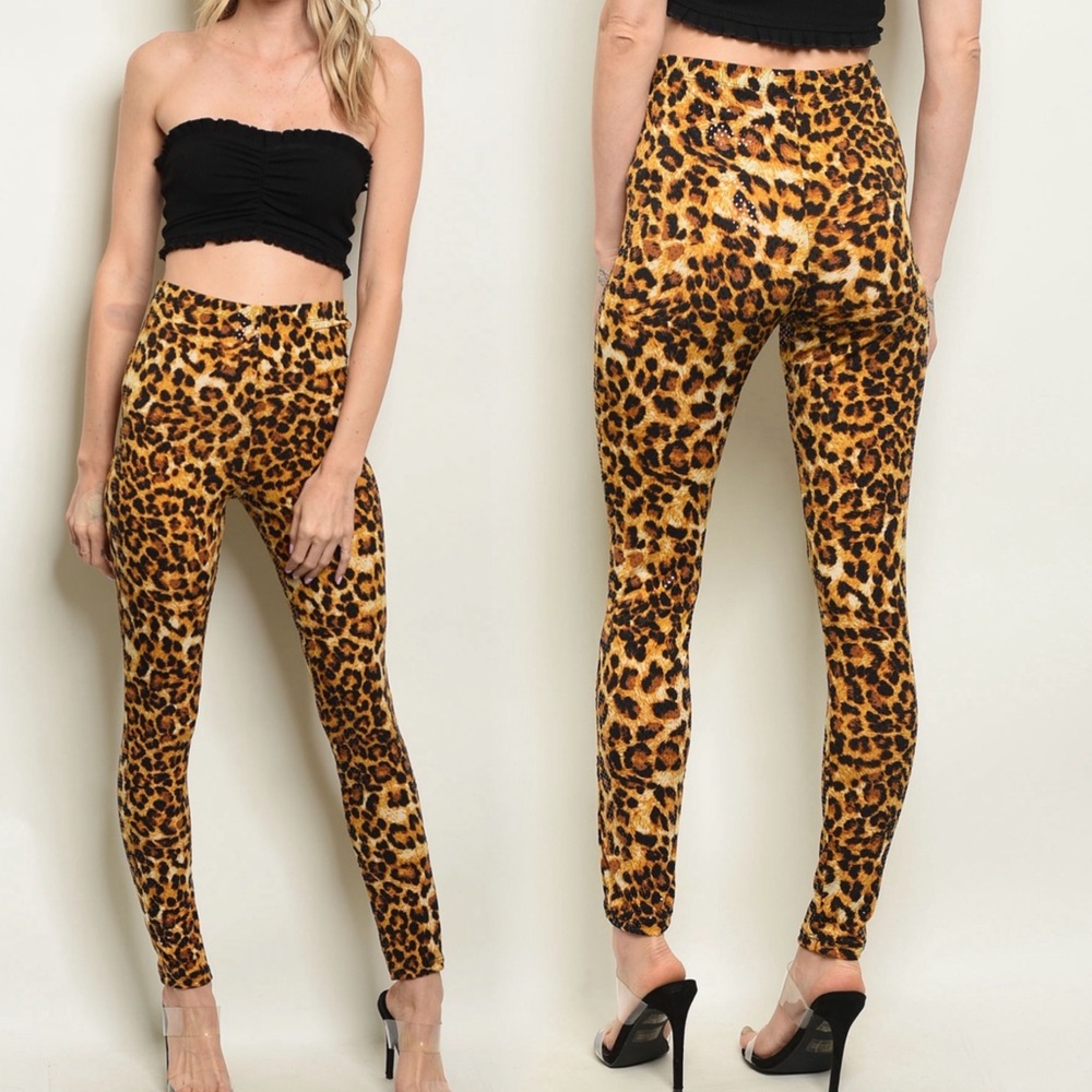 Sequin leopard print skinny solid leggings